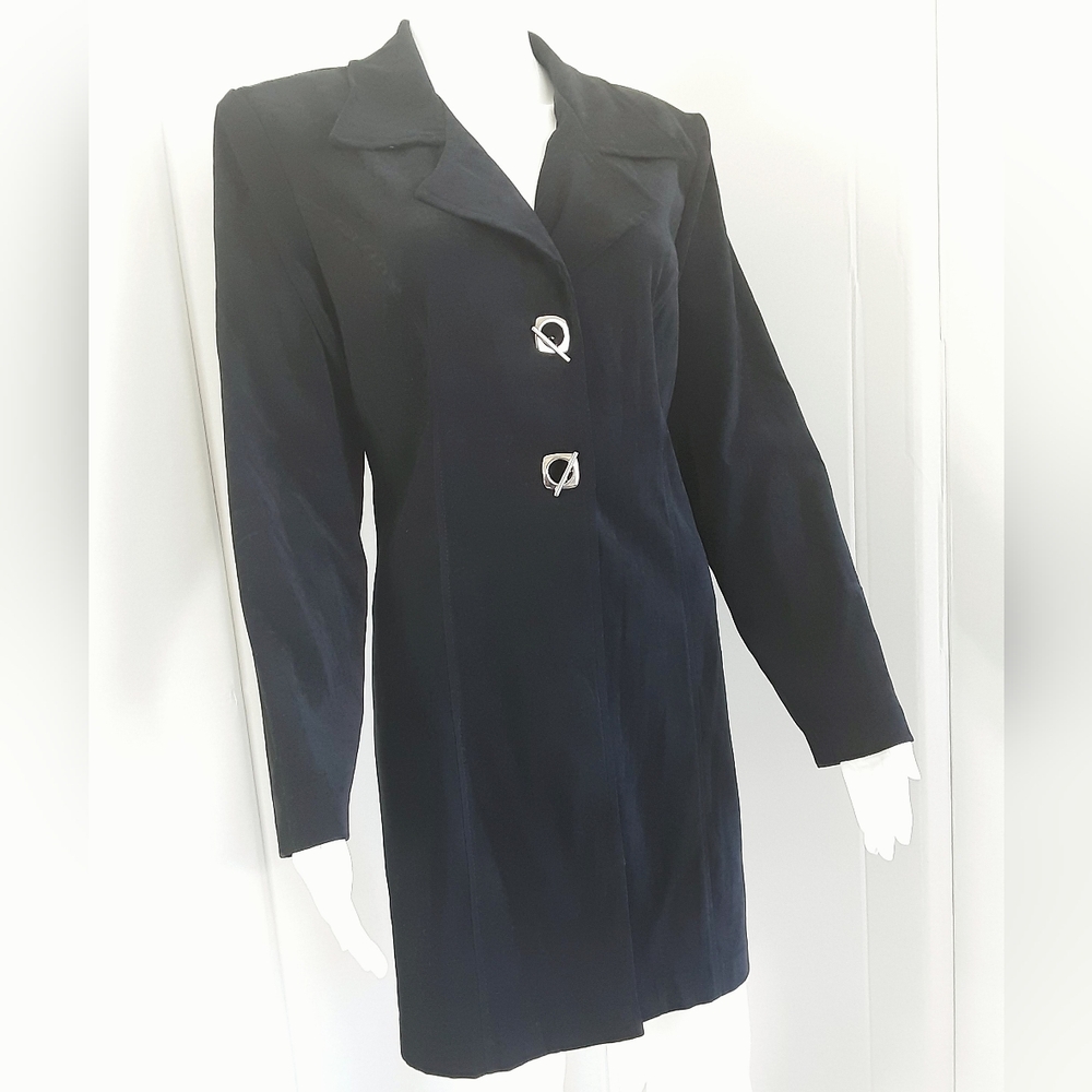 DAWN JOY Black Velour 3 Qtr Silver Tone Toggle Button Coat Sz 12 - Vtg